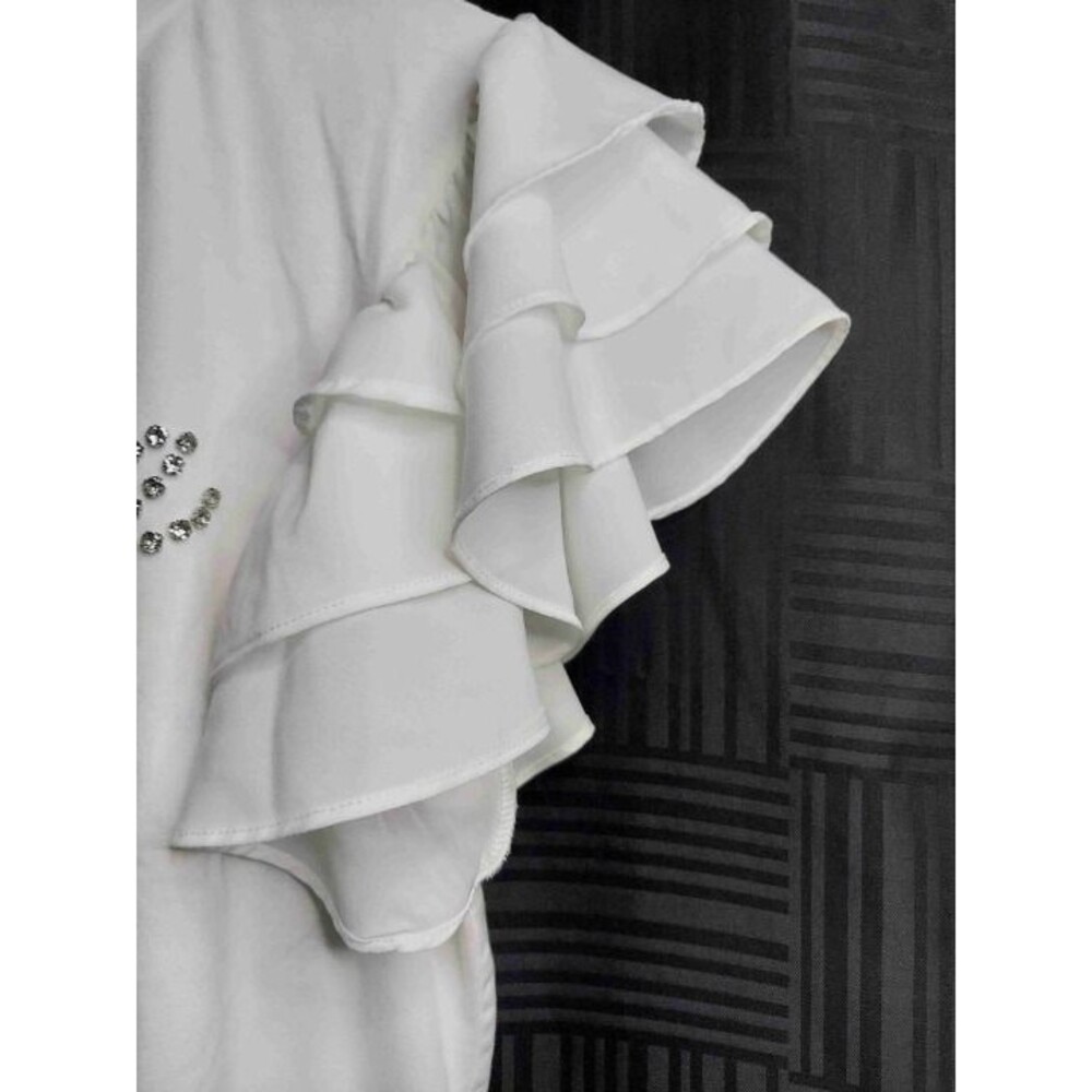 Ontwelfth White Ruffled Sleeves Rhinestone Embellishment T-Shirt Large - Picture 4 of 8